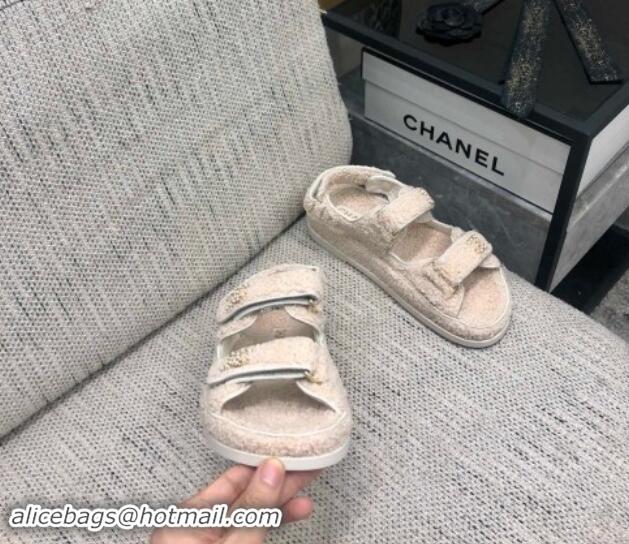 Pretty Style Chanel Fur Flat Strap Sandals with Chain CC Light Beige 910048