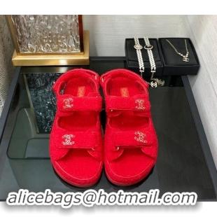 Luxurious Chanel Fur Flat Strap Sandals with Chain CC Red 910049