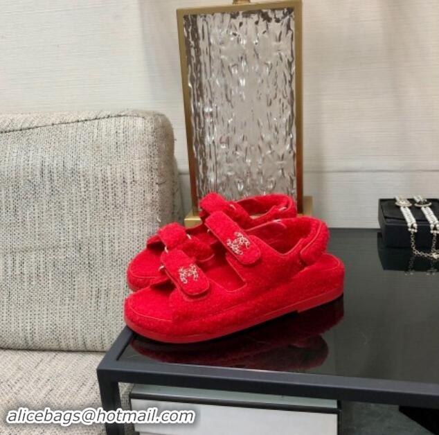 Luxurious Chanel Fur Flat Strap Sandals with Chain CC Red 910049