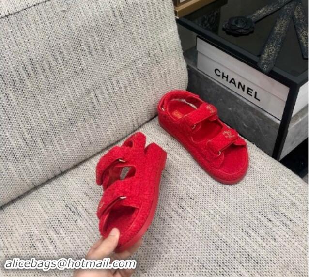 Luxurious Chanel Fur Flat Strap Sandals with Chain CC Red 910049