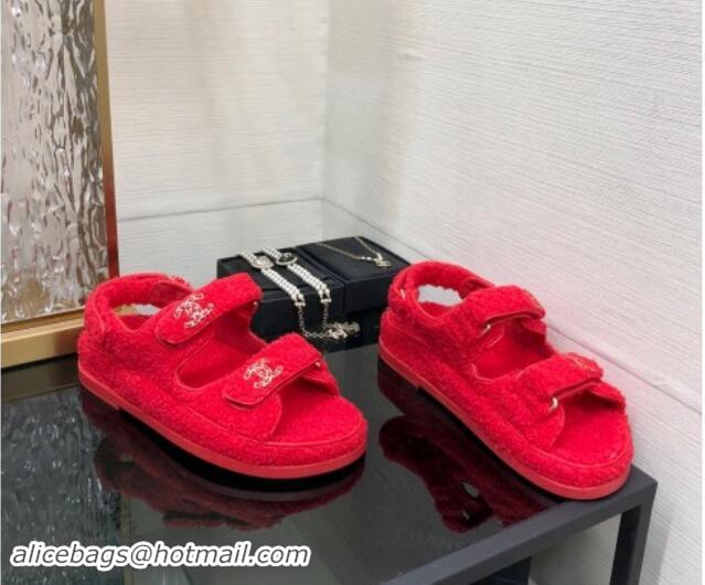 Luxurious Chanel Fur Flat Strap Sandals with Chain CC Red 910049