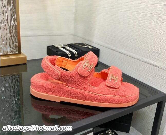 Best Price Chanel Fur Flat Strap Sandals with Chain CC Orange 910050