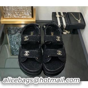 Luxury Chanel Fur Flat Strap Sandals with Chain CC Black 910051