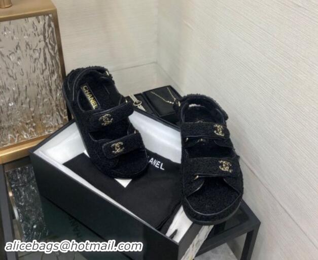 Luxury Chanel Fur Flat Strap Sandals with Chain CC Black 910051