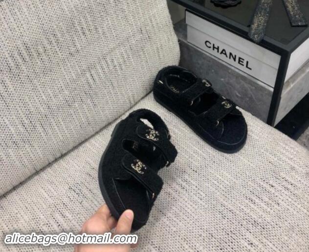 Luxury Chanel Fur Flat Strap Sandals with Chain CC Black 910051