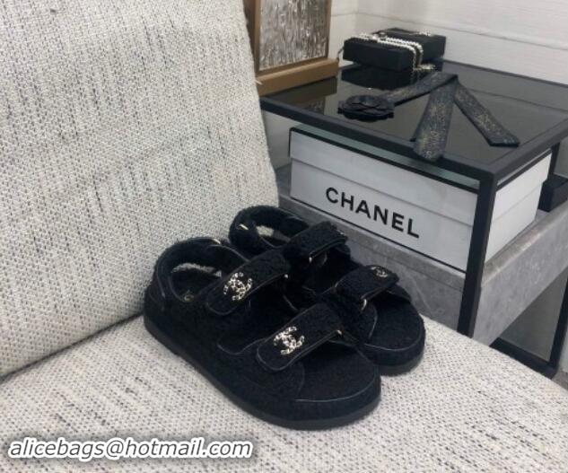 Luxury Chanel Fur Flat Strap Sandals with Chain CC Black 910051