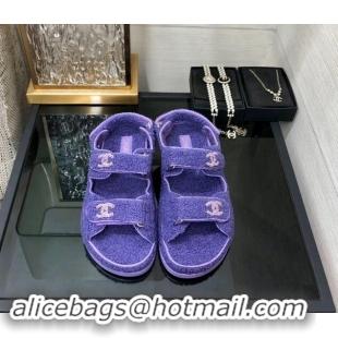 Good Quality Chanel Fur Flat Strap Sandals with Chain CC Purple 910052