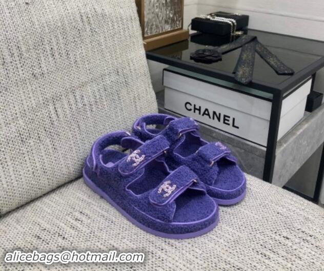 Good Quality Chanel Fur Flat Strap Sandals with Chain CC Purple 910052