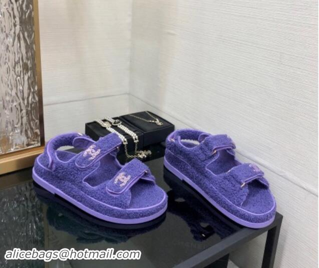 Good Quality Chanel Fur Flat Strap Sandals with Chain CC Purple 910052