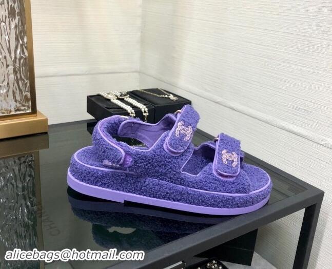 Good Quality Chanel Fur Flat Strap Sandals with Chain CC Purple 910052