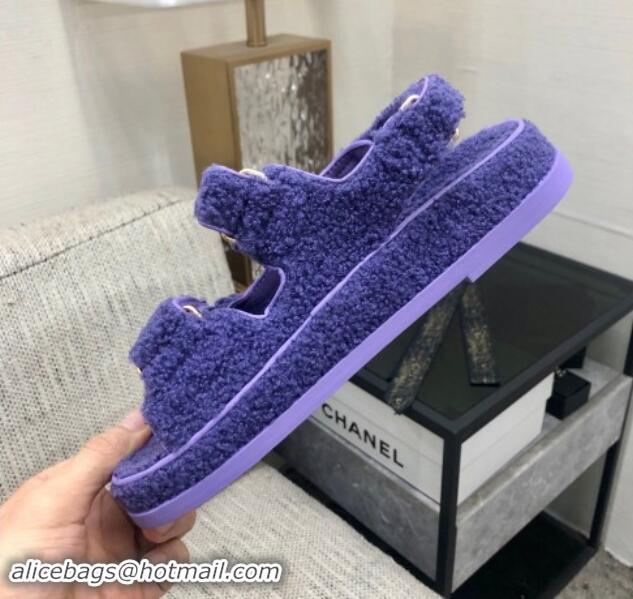 Good Quality Chanel Fur Flat Strap Sandals with Chain CC Purple 910052