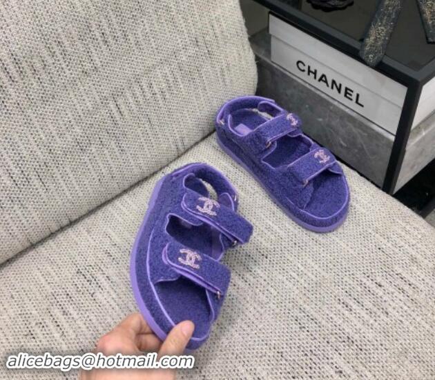 Good Quality Chanel Fur Flat Strap Sandals with Chain CC Purple 910052