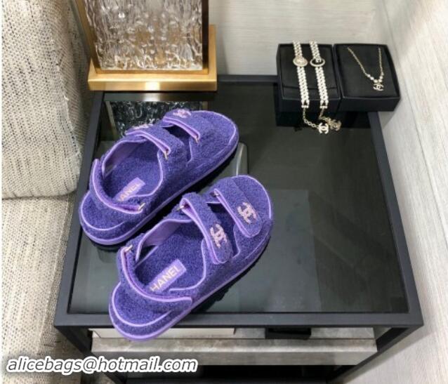 Good Quality Chanel Fur Flat Strap Sandals with Chain CC Purple 910052