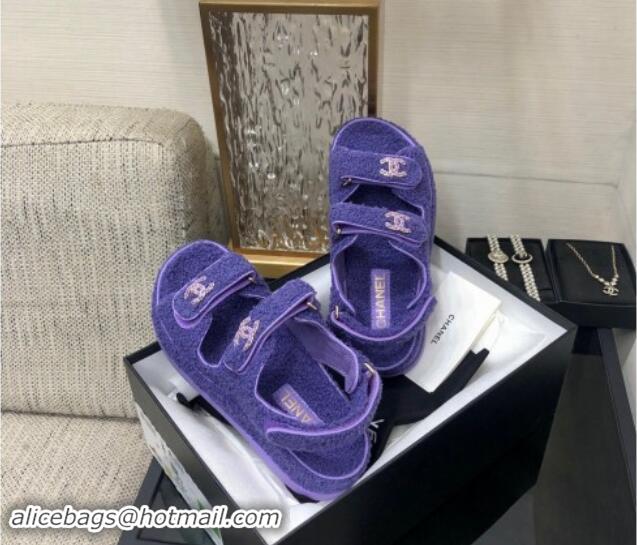 Good Quality Chanel Fur Flat Strap Sandals with Chain CC Purple 910052