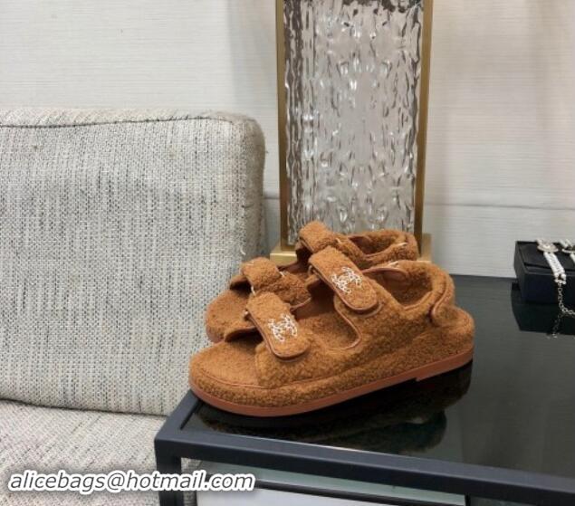 Durable Chanel Fur Flat Strap Sandals with Chain CC Brown 910053