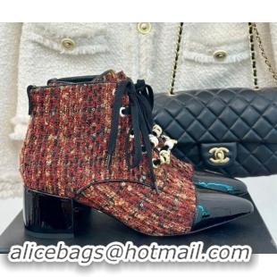 Best Product Chanel Tweed & Patent Calfskin Lace-up Ankle Boots with Sequins and Beads Orange 910054