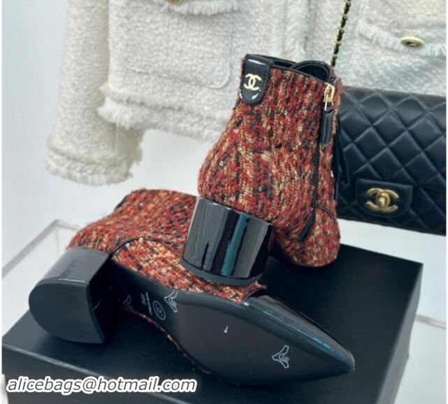 Best Product Chanel Tweed & Patent Calfskin Lace-up Ankle Boots with Sequins and Beads Orange 910054