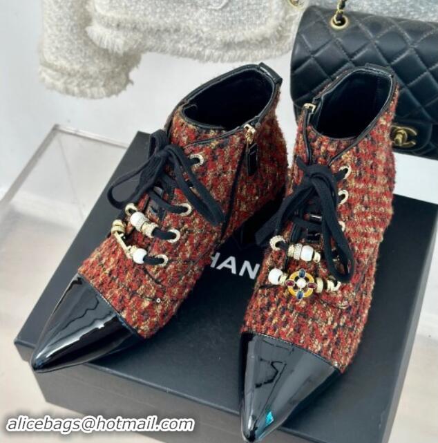 Best Product Chanel Tweed & Patent Calfskin Lace-up Ankle Boots with Sequins and Beads Orange 910054