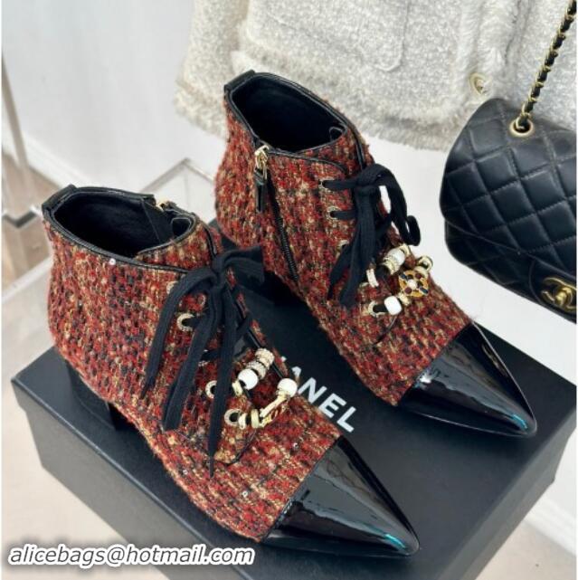 Best Product Chanel Tweed & Patent Calfskin Lace-up Ankle Boots with Sequins and Beads Orange 910054