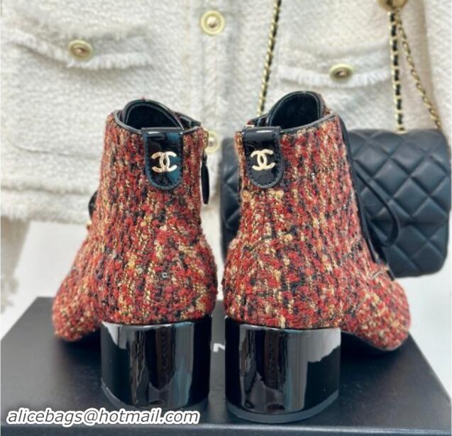 Best Product Chanel Tweed & Patent Calfskin Lace-up Ankle Boots with Sequins and Beads Orange 910054