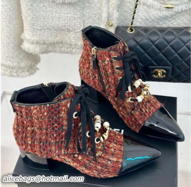 Best Product Chanel Tweed & Patent Calfskin Lace-up Ankle Boots with Sequins and Beads Orange 910054