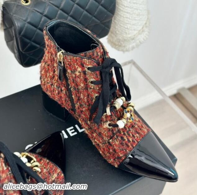 Best Product Chanel Tweed & Patent Calfskin Lace-up Ankle Boots with Sequins and Beads Orange 910054