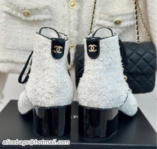 Charming Chanel Tweed & Patent Calfskin Lace-up Ankle Boots with Sequins and Beads White 910055