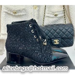 Purchase Chanel Tweed & Patent Calfskin Lace-up Ankle Boots with Sequins and Beads Black 910056