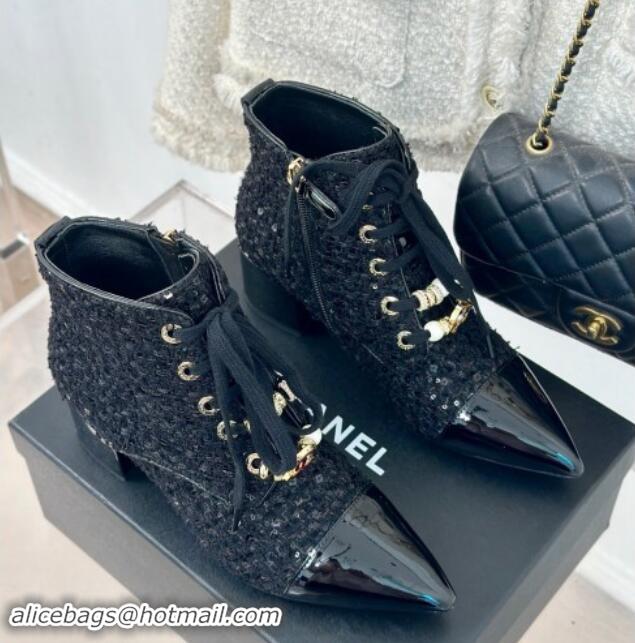 Purchase Chanel Tweed & Patent Calfskin Lace-up Ankle Boots with Sequins and Beads Black 910056