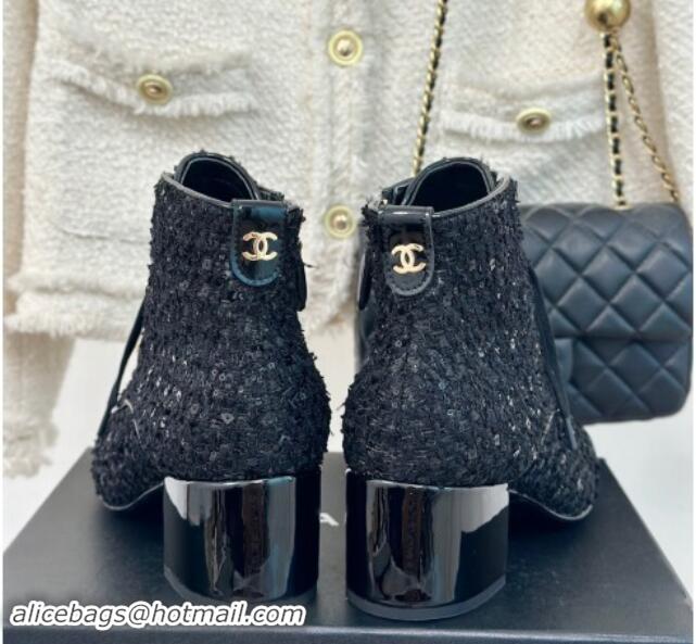 Purchase Chanel Tweed & Patent Calfskin Lace-up Ankle Boots with Sequins and Beads Black 910056