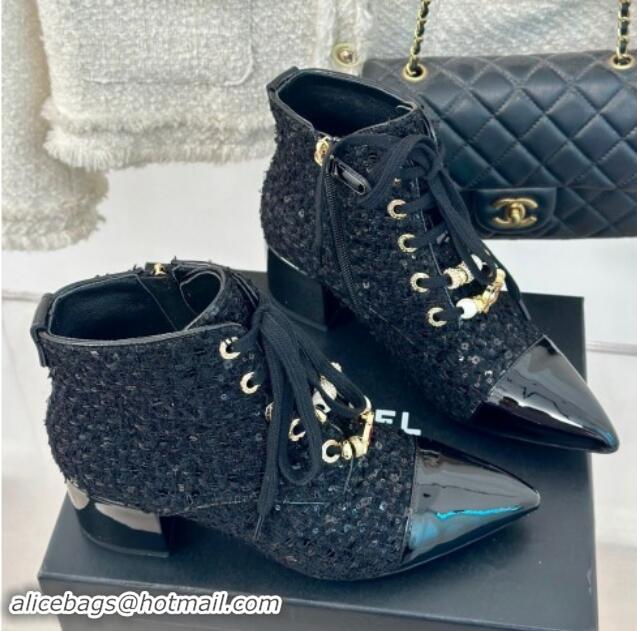 Purchase Chanel Tweed & Patent Calfskin Lace-up Ankle Boots with Sequins and Beads Black 910056