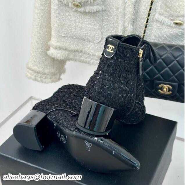 Purchase Chanel Tweed & Patent Calfskin Lace-up Ankle Boots with Sequins and Beads Black 910056