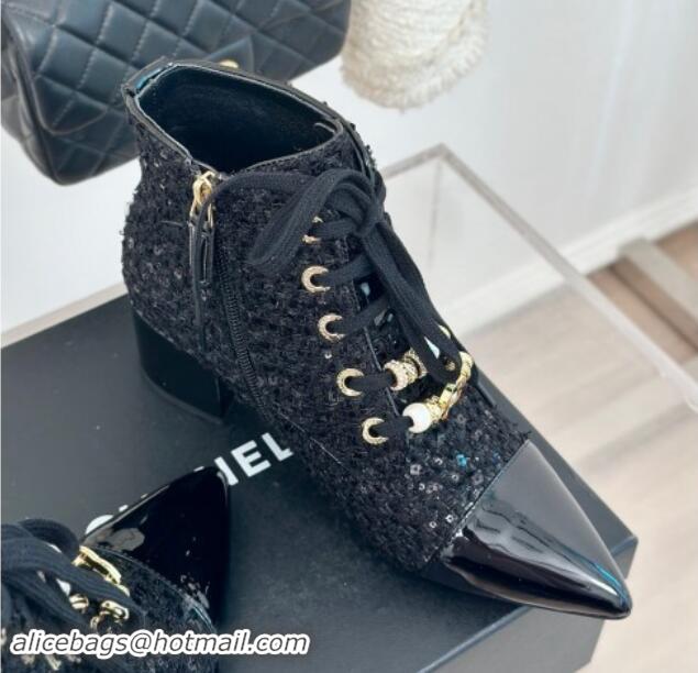 Purchase Chanel Tweed & Patent Calfskin Lace-up Ankle Boots with Sequins and Beads Black 910056