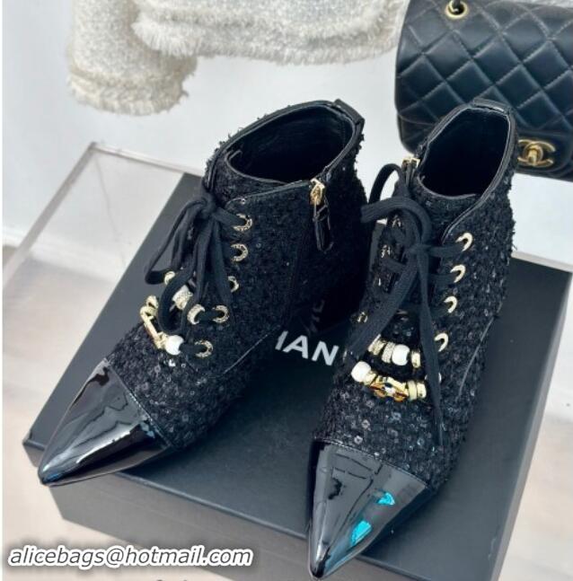 Purchase Chanel Tweed & Patent Calfskin Lace-up Ankle Boots with Sequins and Beads Black 910056