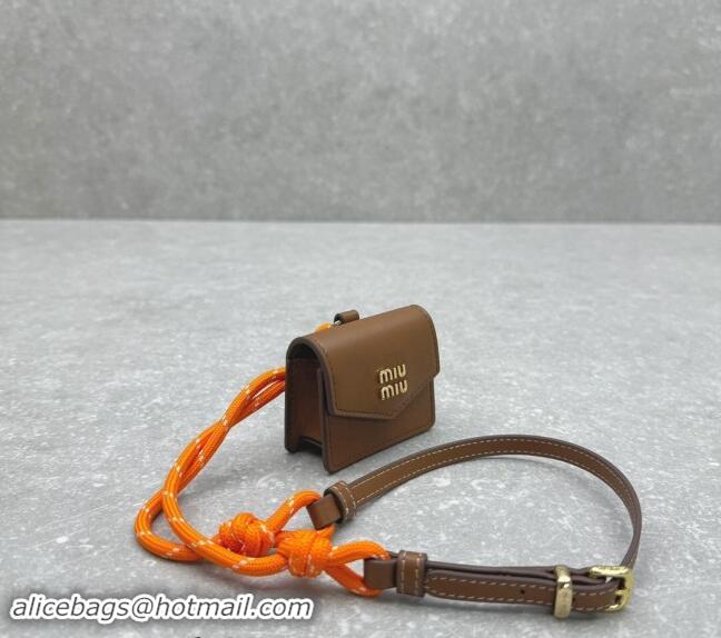 Top Design Miu Miu Leather, cord, and metal trick with mini-pouch 5TL515 Orange/Brown 2024