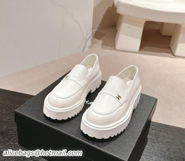 1:1 aaaaa Chanel Calfskin Platform Loafers White 910060