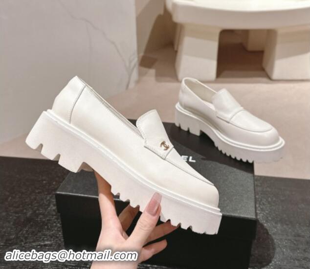 1:1 aaaaa Chanel Calfskin Platform Loafers White 910060