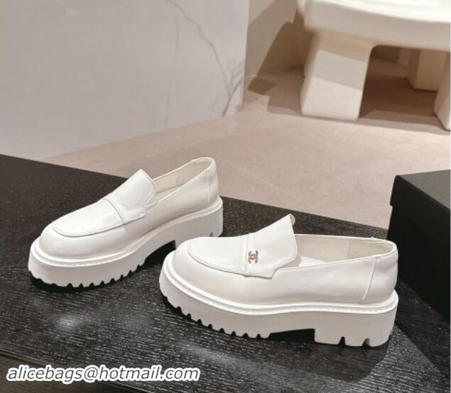 1:1 aaaaa Chanel Calfskin Platform Loafers White 910060