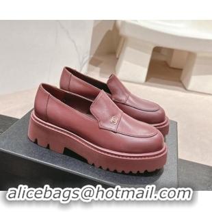 Top Design Chanel Calfskin Platform Loafers Dark Burgundy 910061