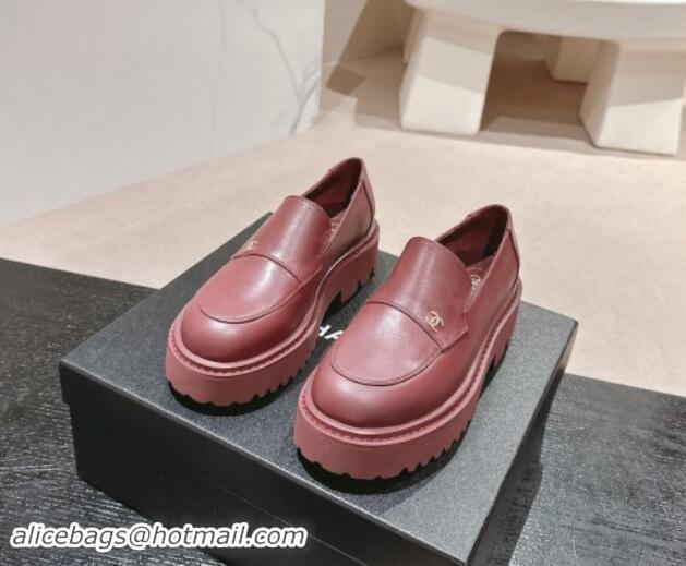 Top Design Chanel Calfskin Platform Loafers Dark Burgundy 910061