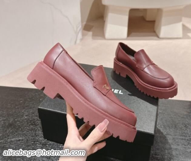 Top Design Chanel Calfskin Platform Loafers Dark Burgundy 910061