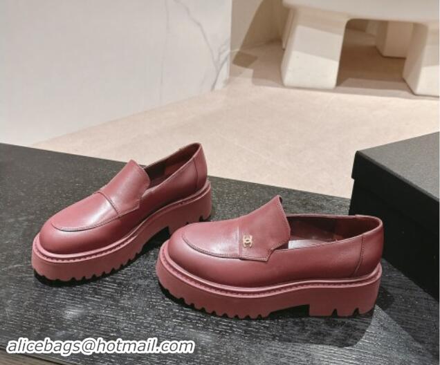 Top Design Chanel Calfskin Platform Loafers Dark Burgundy 910061