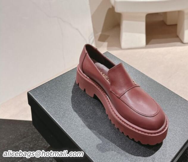 Top Design Chanel Calfskin Platform Loafers Dark Burgundy 910061