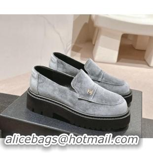 Perfect Chanel Suede Platform Loafers Grey 910063