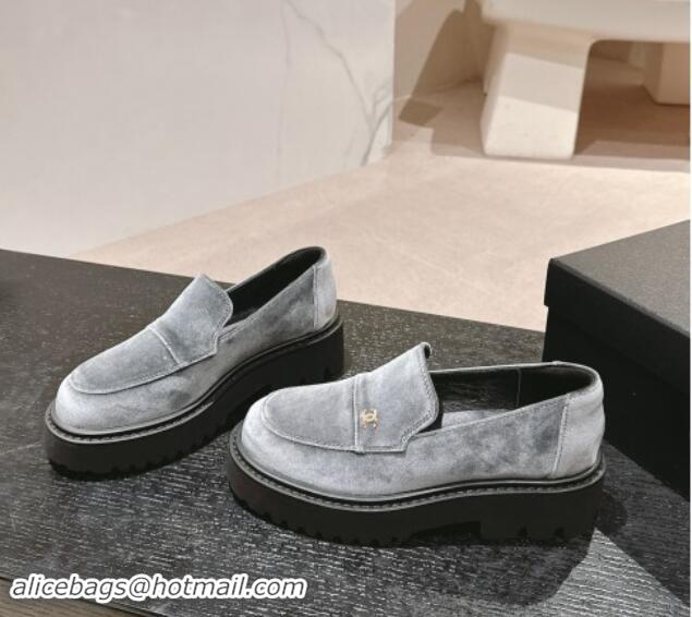 Perfect Chanel Suede Platform Loafers Grey 910063