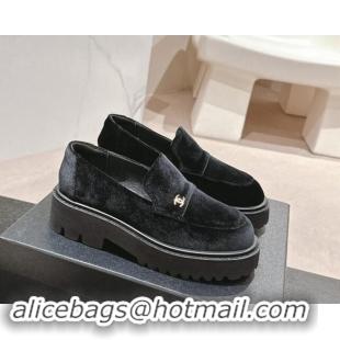 Stylish Chanel Suede Platform Loafers Black 910064