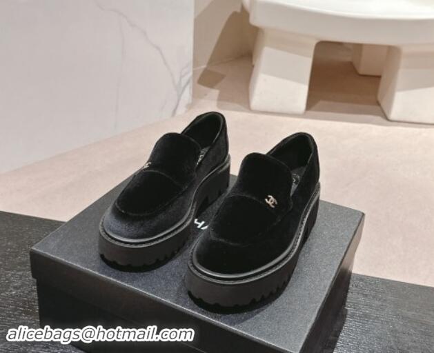 Stylish Chanel Suede Platform Loafers Black 910064