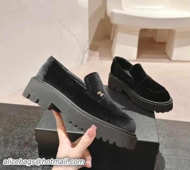 Stylish Chanel Suede Platform Loafers Black 910064