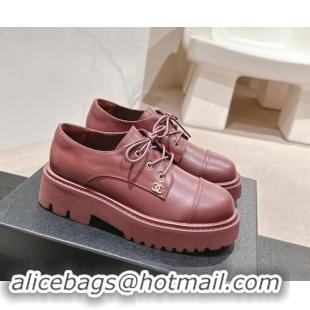 Cheap Price Chanel Calfskin Lace-up Shoes Dark Burgundy 910066