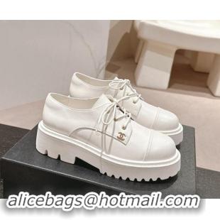 Shop Duplicate Chanel Calfskin Lace-up Shoes White 910065